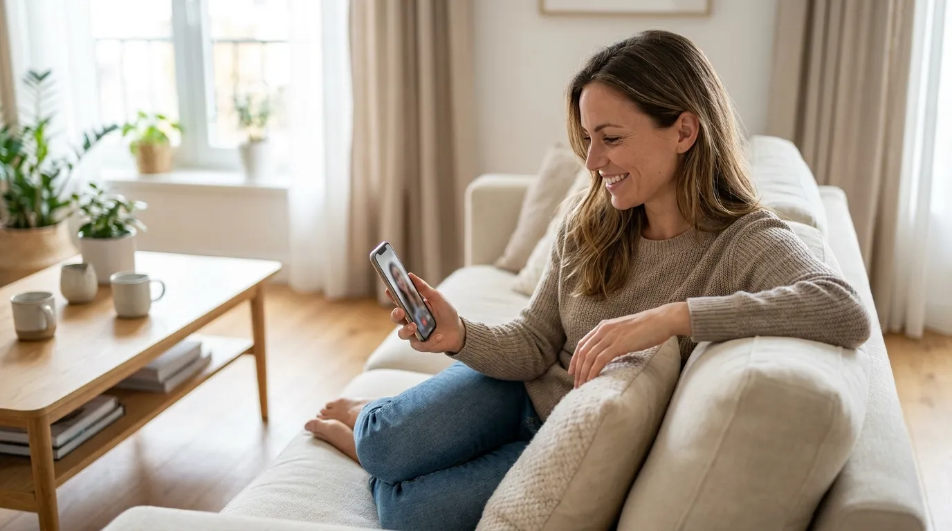 Mulher em consulta por vídeo pelo celular, em casa
